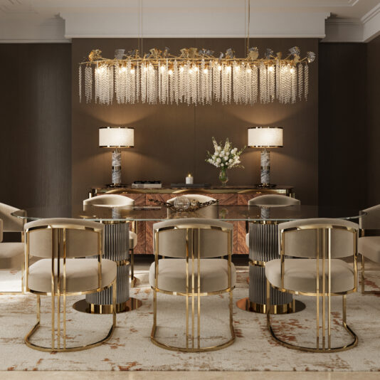 A modern dining room with a glass table, eight Modern Art Deco Style Dining Chairs in beige and gold, a crystal chandelier, two table lamps, a sideboard, and a flower vase on a beige rug with brown accents.