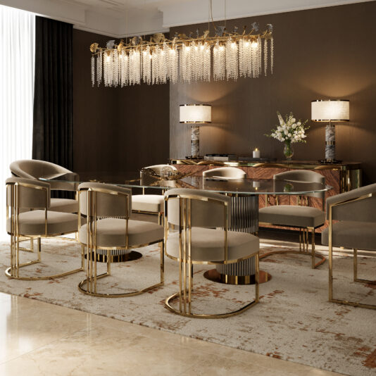 A luxurious dining room showcases Modern Art Deco Style Dining Chairs with gold frames and beige cushions, a marble-topped table, crystal chandelier, sideboard lamps, dark walls, decorative accents, and a large light rug.