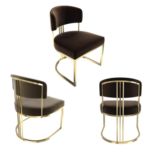 Three Modern Art Deco Style Dining Chairs with gold metal frames and dark cushioned seats and backs are showcased from front, back, and side views on a white background. Product: Modern Art Deco Style Dining Chair.