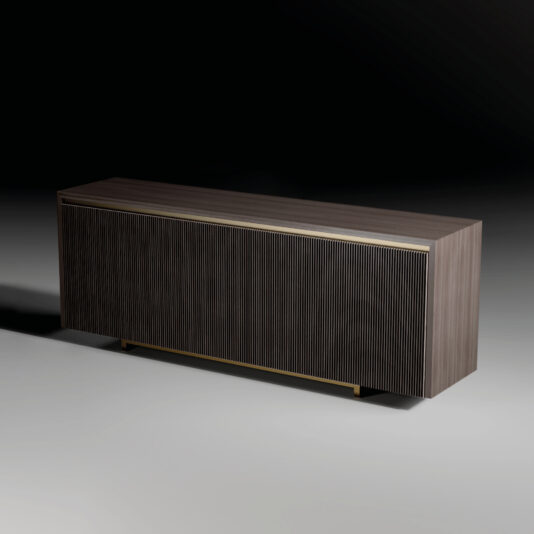 The Modern Lacquered Sideboard (Copy) features a dark finish, vertical front grooves, and rests on a minimalist metallic base, adding elegance to any dimly lit space.