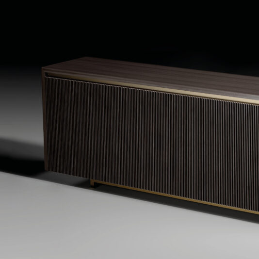 Modern Veneered Ribbed Sideboard The Modern Lacquered Sideboard (Copy) features dark wood with vertical grooves on the front panel, shown partially against a black and gray gradient background.