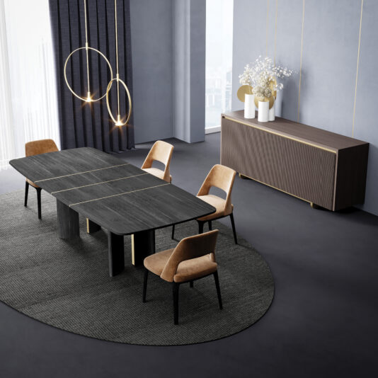 Modern Veneered Ribbed Sideboard A modern dining room with a dark rectangular table, four tan chairs, a textured oval rug, circular pendant lights, dark curtains, a Modern Lacquered Sideboard (Copy), and white vases with dried flowers against gray walls.