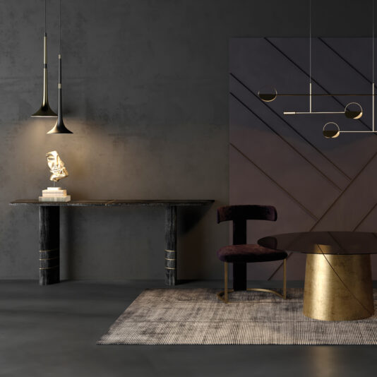 A modern, minimalist room with dark walls, a Wall Mounted Contemporary Console Table, abstract sculpture, velvet chair, round glass dining table with gold base, patterned rug, and geometric pendant lights.
