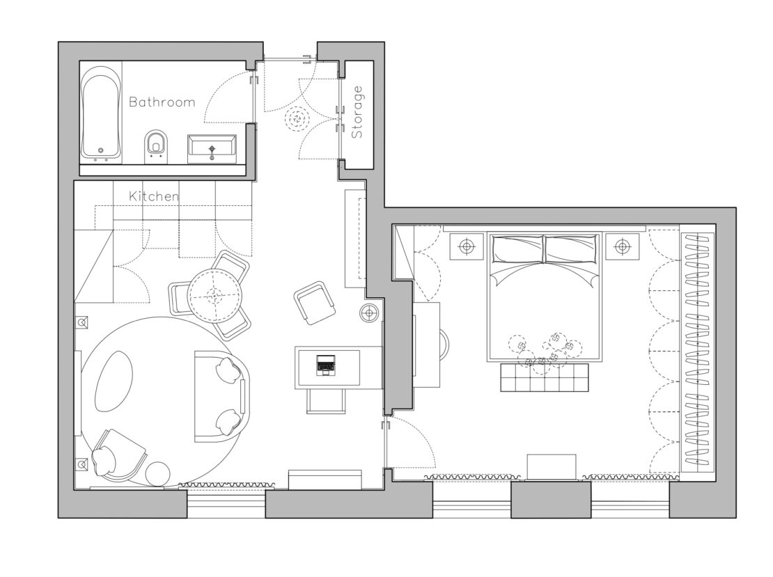 Black and white floor plan of a one-bedroom apartment featuring a bedroom, bathroom, kitchen, dining table, living area with chairs, storage room, and a dedicated home office. The layout includes doors, windows, and furniture.