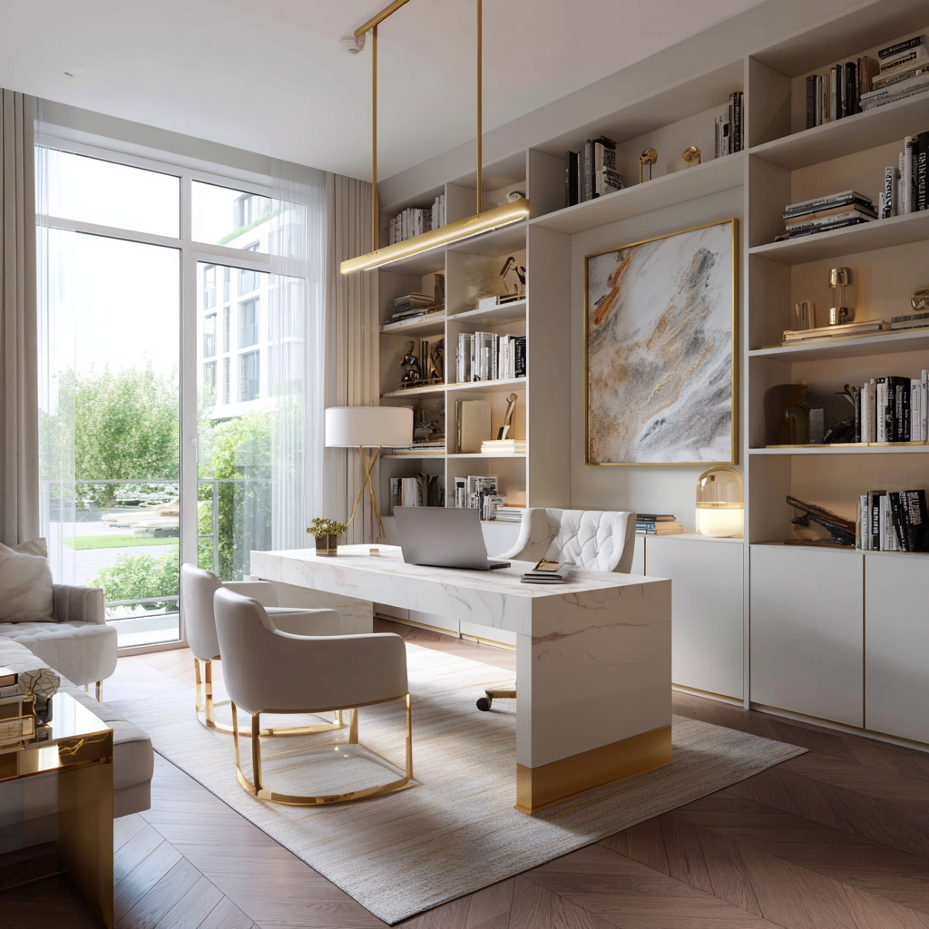 A modern luxury home office interior design features a marble desk, two upholstered chairs, built-in bookshelves, a large window with sheer curtains, and gold accents. Natural light fills the stylish, organised space.