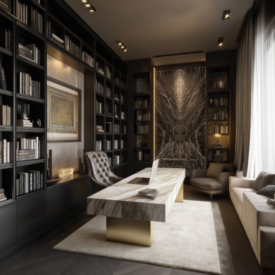 A luxurious home office interior design featuring a marble desk, modern chair, wall-to-wall bookshelves, a marble accent wall, cosy sofa, and large windows with sheer curtains creates a sophisticated, well-lit workspace.