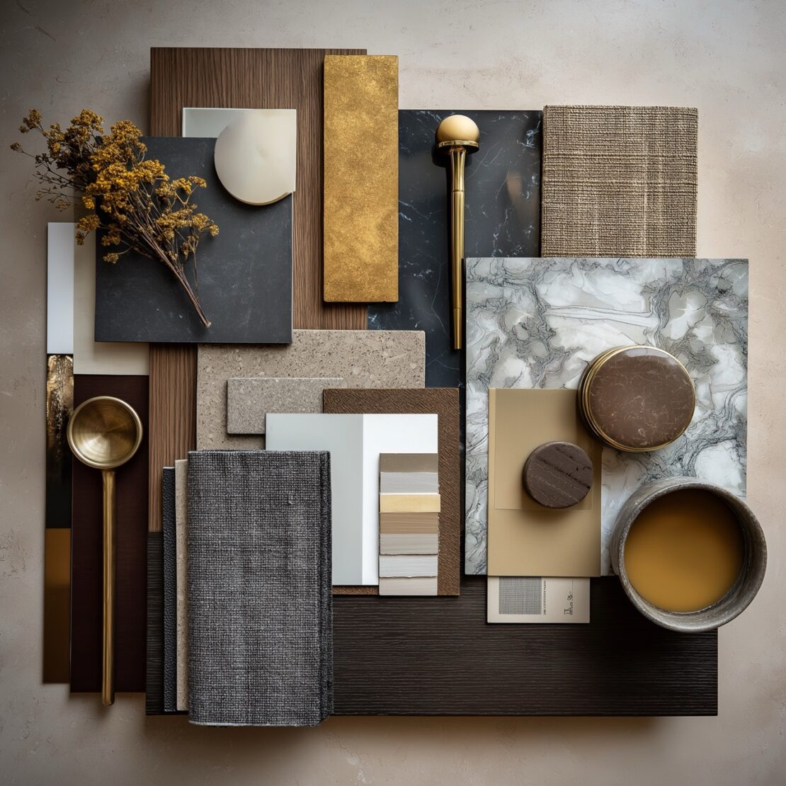 A flat lay of various interior design materials and samples, perfect for dining room interior design, featuring wood, marble, fabric, metal, and color swatches in neutral and gold tones, with dried flowers and a bowl of coffee as accents.