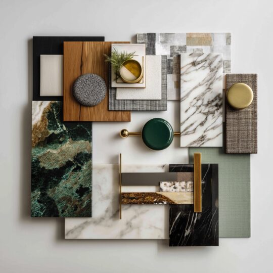 A flat lay of assorted interior design material samples for home office interior design, including marble, wood, textured fabrics, stone, and metallic hardware in various colours and patterns, arranged neatly on a white background.