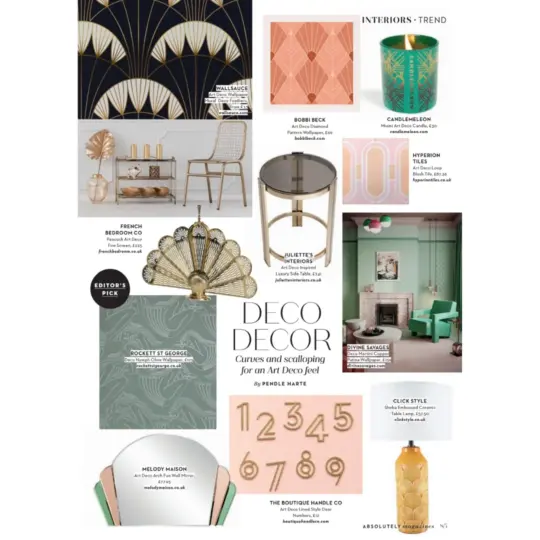 A mood board collage featuring Art Deco-inspired home decor items, including scalloped wallpapers, a green candle, rounded furniture, gold and blush accents, geometric tiles, and metallic light fixtures. Text describes the "Deco Decor" trend. The article features Juliettes Interiors.