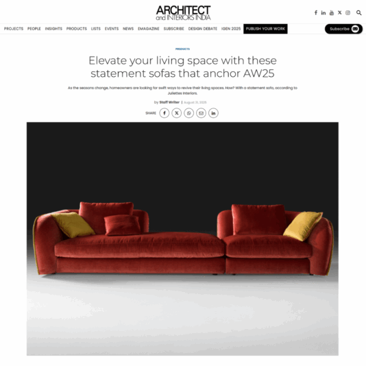 An online article on Architect & Interiors India with the title Elevate your living space with these statement sofas that anchor AW25.