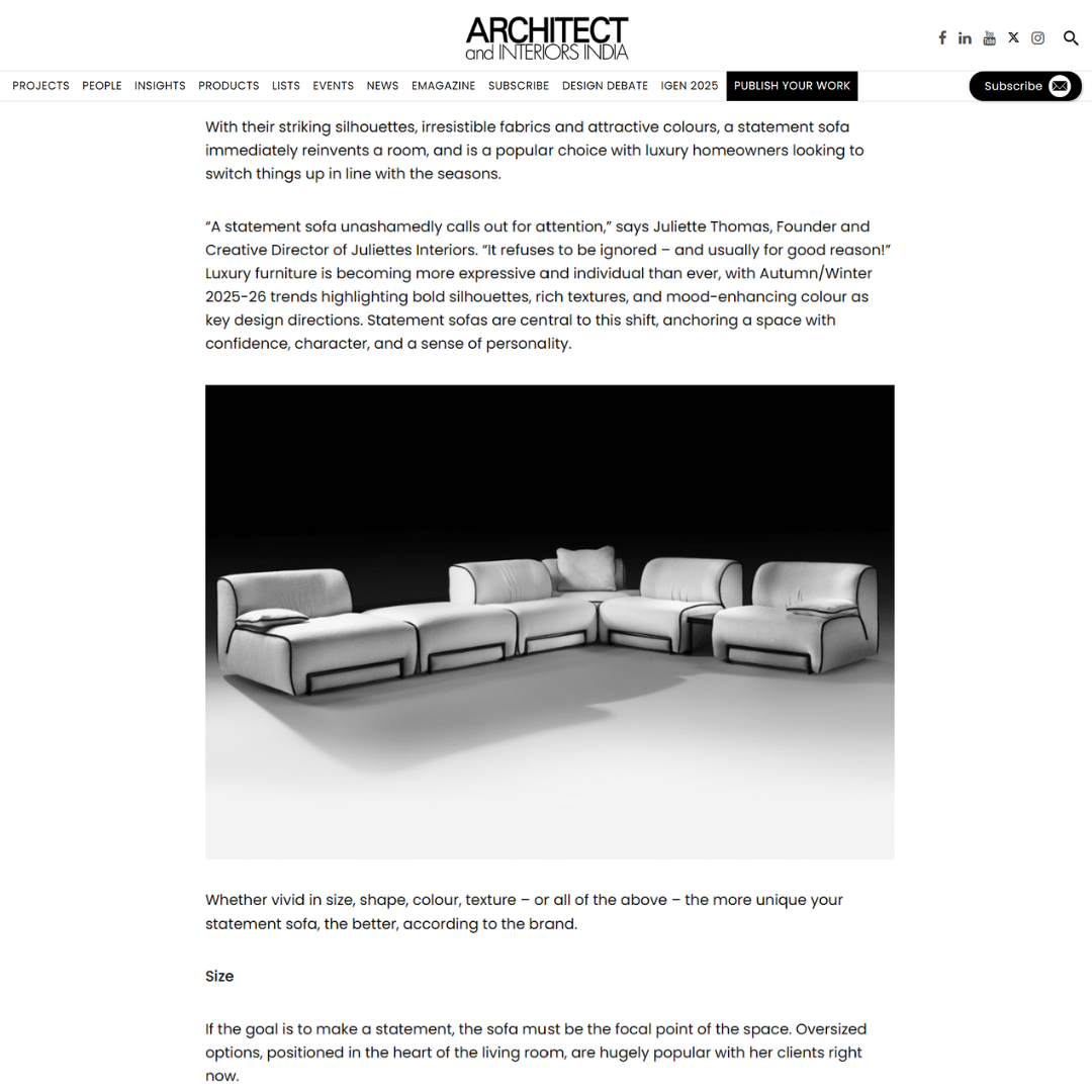 Part of an article that features Juliettes Interiors. The image shows a modern, white sectional sofa with clean lines and minimal design is arranged in a U-shape against a plain background.