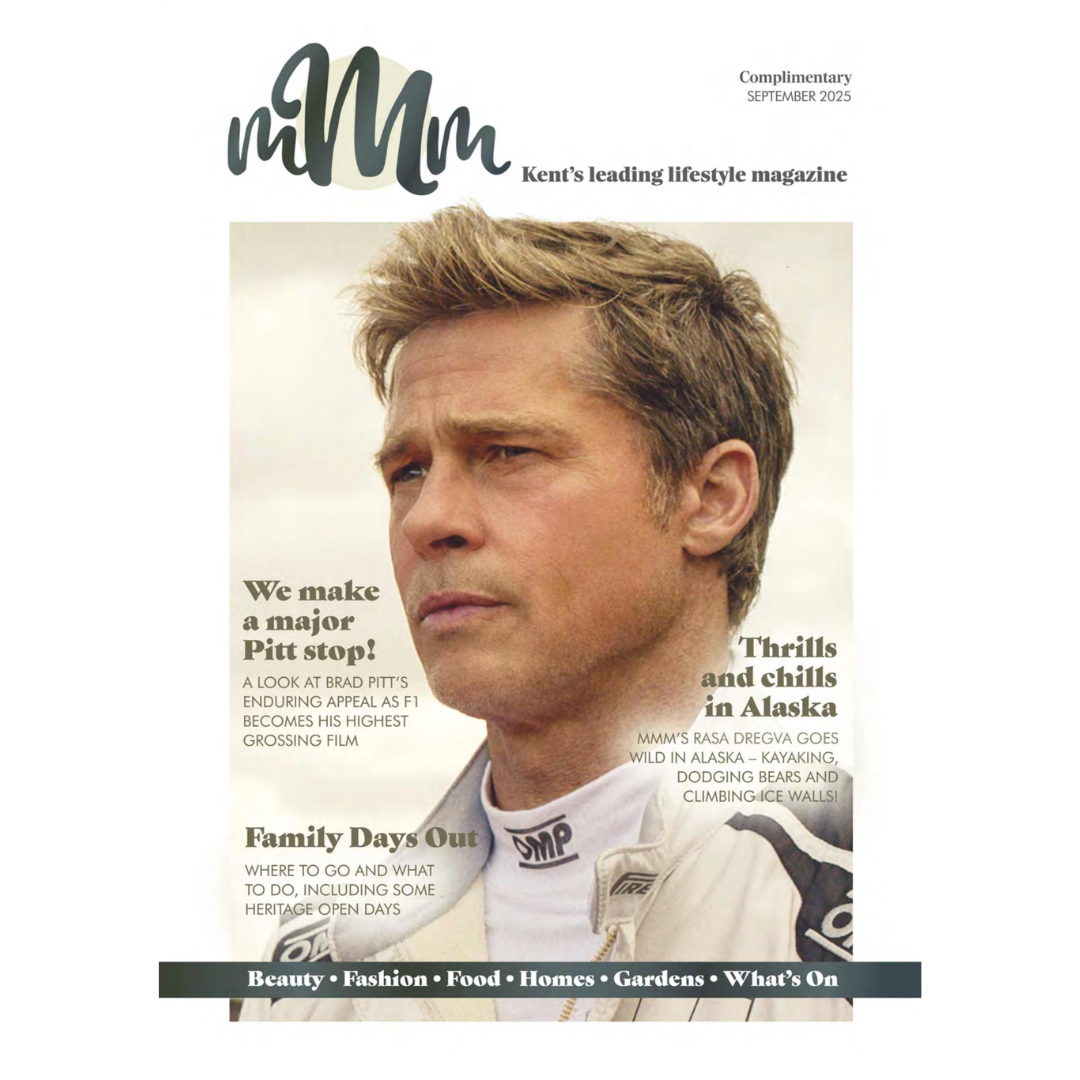 Cover of MMM Kent magazine featuring a close-up of Brad Pitt in a racing suit. Text highlights articles about Brad Pitt, Alaska trips, family days out, and sections on beauty, fashion, food, homes, and gardens.