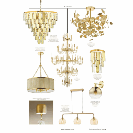 A selection of six elegant gold light fixtures, including chandeliers, pendant lights, and a table lamp, displayed on a white background with labels describing each design. The feature, titled Champagne Ambience, features an item from Juliettes Interiors.