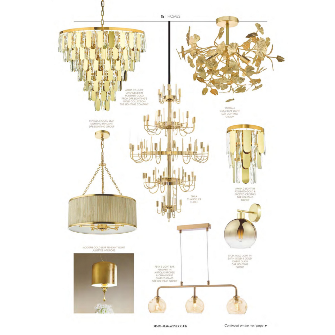 A selection of six elegant gold light fixtures, including chandeliers, pendant lights, and a table lamp, displayed on a white background with labels describing each design. The feature, titled Champagne Ambience, features an item from Juliettes Interiors.