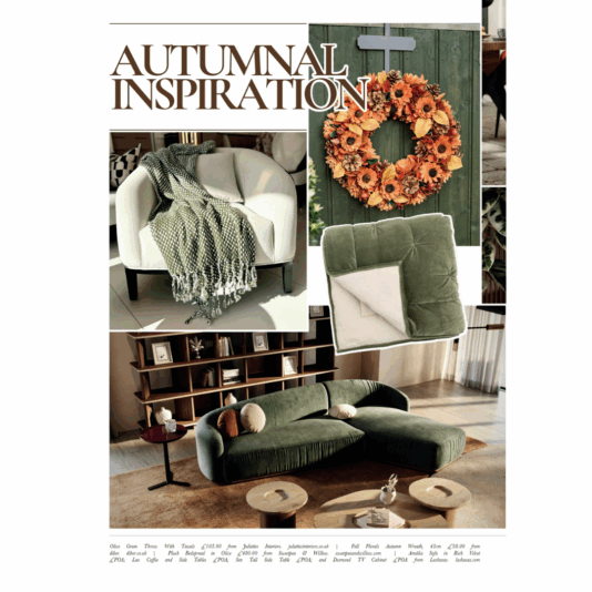 A collage of autumn-inspired home decor: a white armchair with a green throw, a sunflower wreath on a green door, a green and beige cushion, and a modern living room with a green sofa and wooden elements.