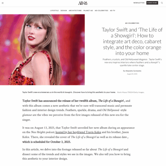 A screenshot of the article on admagazine25, with the title: 'Taylor Swift and 'The Life of a Showgirl': How to integrate art deco, cabaret style, and the color orange into your home'. The article features Juliettes Interiors.