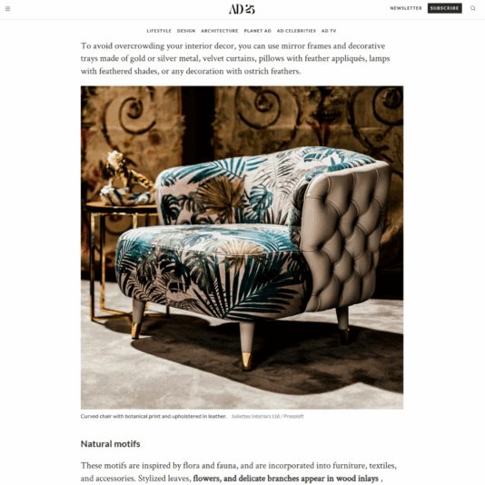 A screenshot of part of the article on admagazine25, with the title: 'Taylor Swift and 'The Life of a Showgirl': How to integrate art deco, cabaret style, and the color orange into your home'. The article features Juliettes Interiors.