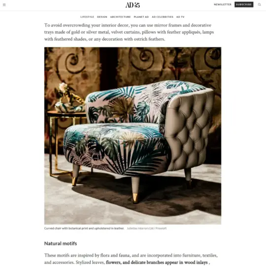 A screenshot of part of the article on admagazine25, with the title: 'Taylor Swift and 'The Life of a Showgirl': How to integrate art deco, cabaret style, and the color orange into your home'. The article features Juliettes Interiors.