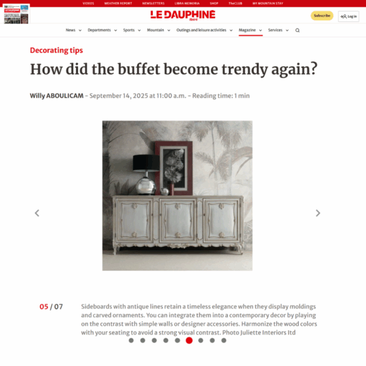 A screenshot of an article on ledauphine, with the title: 'How did the buffet become trendy again?'. The article features Juliettes Interiors.