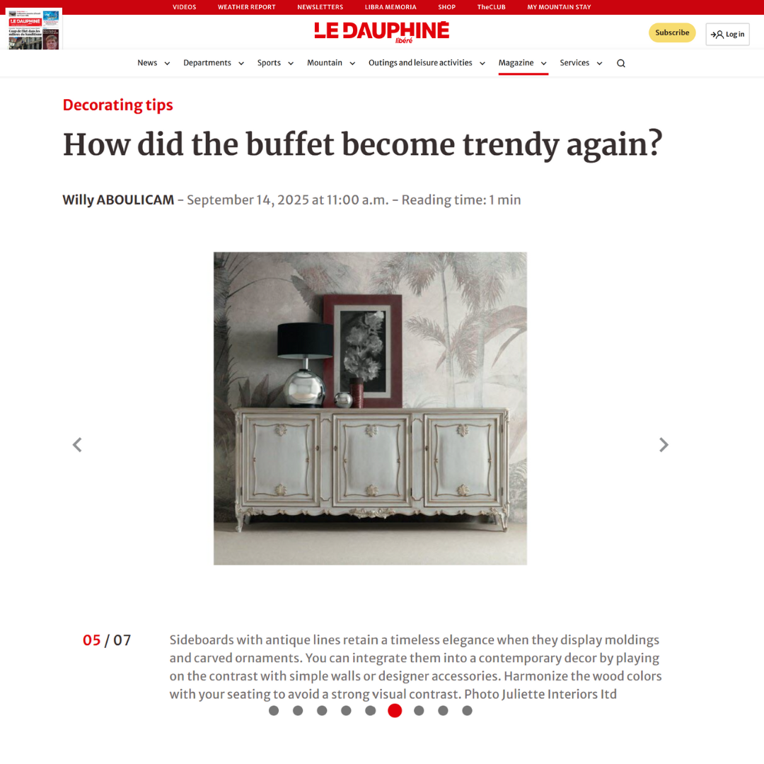A screenshot of an article on ledauphine, with the title: 'How did the buffet become trendy again?'. The article features Juliettes Interiors.