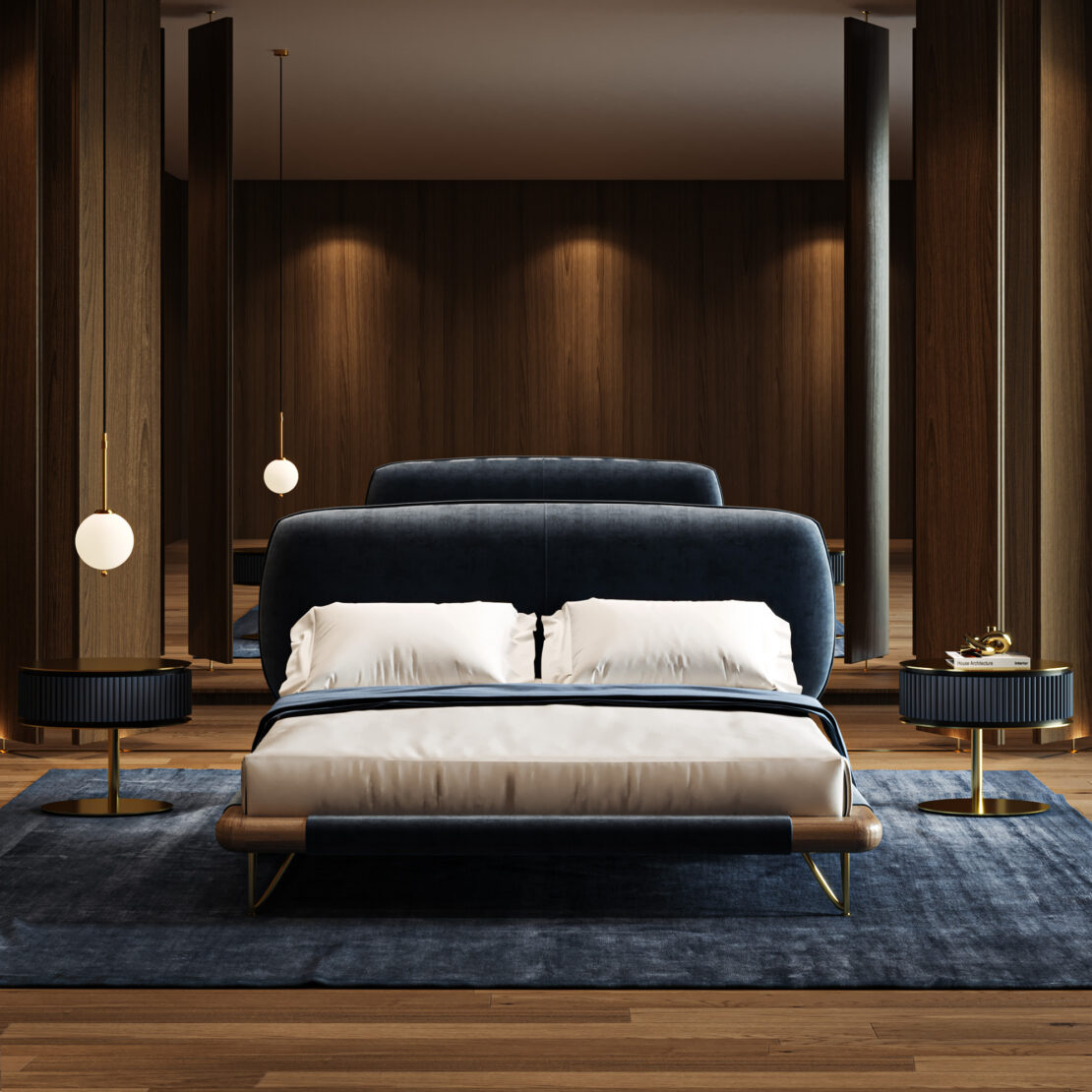Modern bedroom featuring a Contemporary High-End Italian Bed in dark blue, white bedding, two round bedside tables with black lamps, pendant lights, wood-panelled walls, and a blue rug on wooden flooring.