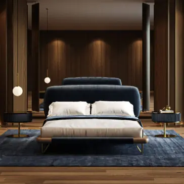 Contemporary High End Italian Bed Modern bedroom featuring a Contemporary High-End Italian Bed in dark blue, white bedding, two round bedside tables with black lamps, pendant lights, wood-panelled walls, and a blue rug on wooden flooring.