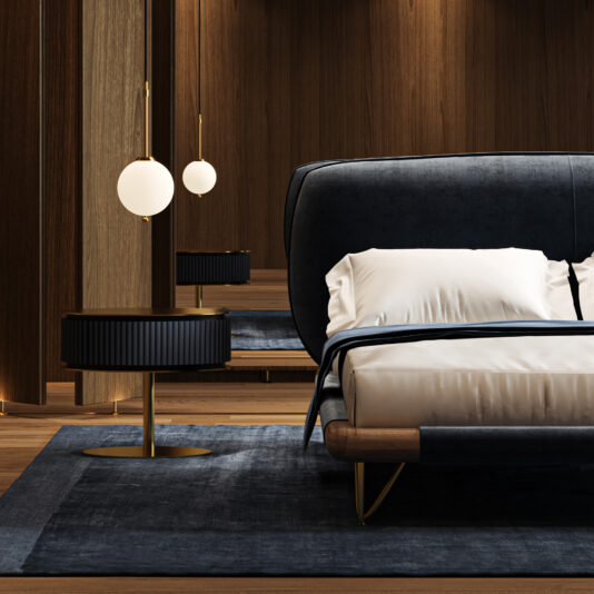 Contemporary High End Italian Bed A modern bedroom features the Contemporary High-End Italian Bed with white bedding, a round bedside table, a hanging globe lamp, wood-panelled walls, and a large mirror reflecting the space.