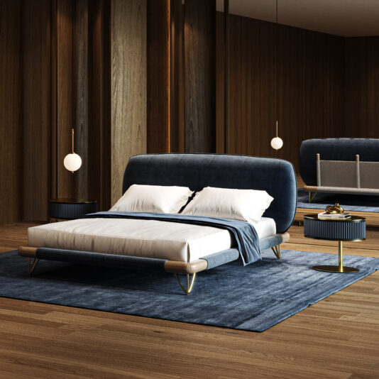 Contemporary High End Italian Bed A modern bedroom showcases the Contemporary High-End Italian Bed with white bedding, two round bedside tables with spherical lamps, a large blue rug, wood-panelled walls, and a floor-to-ceiling mirror reflecting the elegant decor.