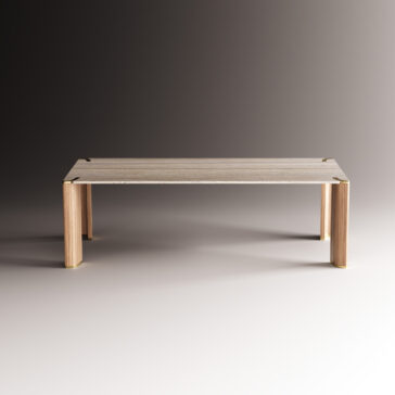 Contemporary Rectangular Stone Dining Table The Contemporary Rectangular Stone Dining Table features a modern rectangular design with four straight legs, placed on a smooth surface and set against a gradient background that transitions from dark to light.