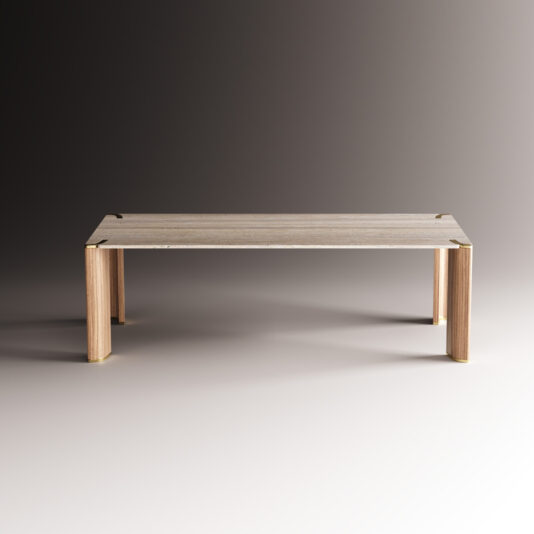 Contemporary Rectangular Stone Dining Table The Contemporary Rectangular Stone Dining Table features a modern rectangular design with four straight legs, placed on a smooth surface and set against a gradient background that transitions from dark to light.