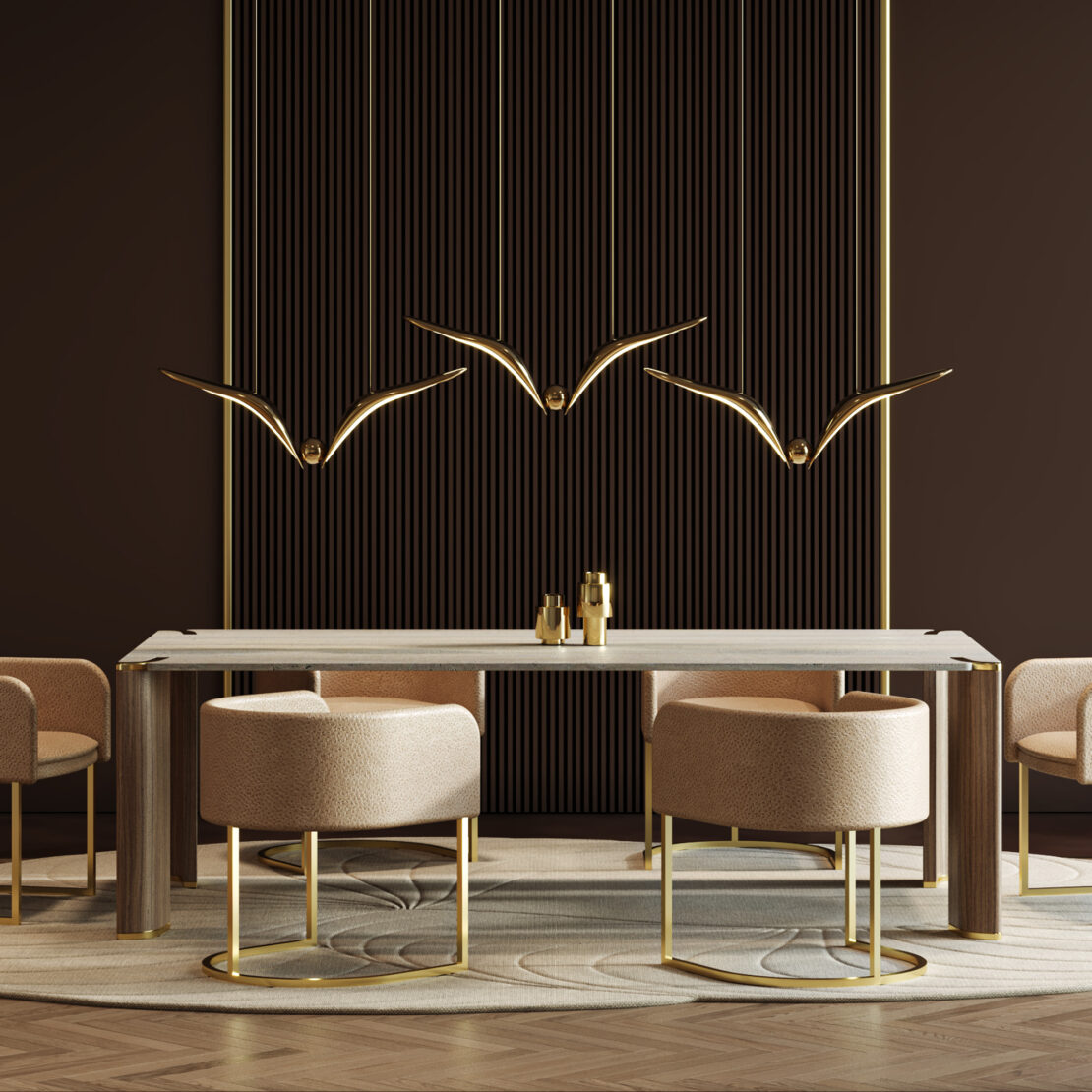 A modern dining room showcases beige chairs and the Contemporary Rectangular Stone Dining Table, enhanced by sleek gold accents and three gold bird sculptures on a dark, vertically striped wall for an elegant, minimalist look.