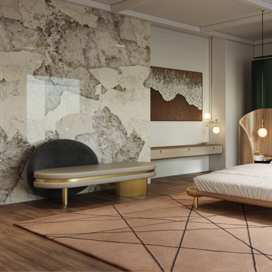 Contemporary Veneered Floating Sideboard Modern bedroom featuring a marble accent wall, abstract art, gold-detailed bench, pendant lights, and a bed on a geometric rug over wooden floors. The Contemporary Veneered Floating Sideboard enhances the style of this cosy, neutral-toned space.