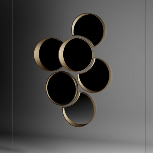 The Modern Floating Wall Mirror Cluster features six metallic circular frames in a honeycomb design on a gray wall, each with a black reflective surface for a bold, minimalist decorative accent.