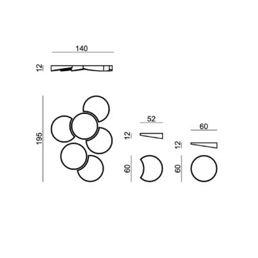 Modern Floating Wall Mirror Cluster A technical drawing of the Modern Floating Wall Mirror Cluster displays clustered and individual views with measurements for circular, semicircular, and rectangular shapes: 140, 195, 60, 52, and 12 units.