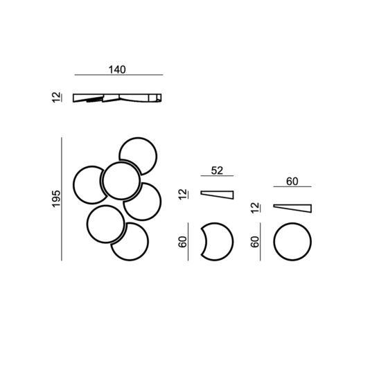 A technical drawing of the Modern Floating Wall Mirror Cluster displays clustered and individual views with measurements for circular, semicircular, and rectangular shapes: 140, 195, 60, 52, and 12 units.