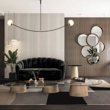 Modern Floating Wall Mirror Cluster A modern living room features a black velvet sofa, round glass tables, and the Modern Floating Wall Mirror Cluster on a brown accent wall, accented by green potted plants, geometric patterns, and contemporary lighting.