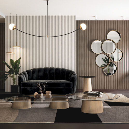 A modern living room features a black velvet sofa, round glass tables, and the Modern Floating Wall Mirror Cluster on a brown accent wall, accented by green potted plants, geometric patterns, and contemporary lighting.