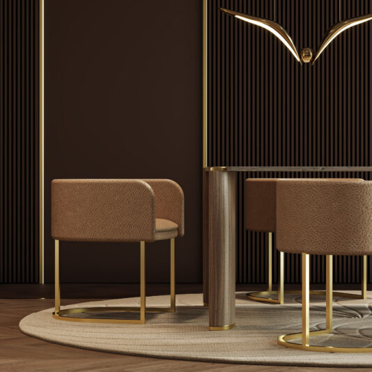 Modern Leather Tub Style Dining Chair A modern dining area with brown Modern Leather Tub Style Dining Chairs, gold metal frames, a round wooden table, and a light beige rug set against dark vertically-lined walls and a gold decorative wall sculpture.