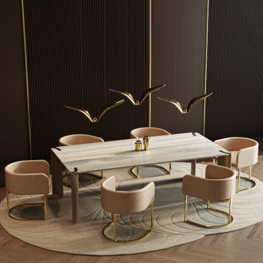 Modern Leather Tub Style Dining Chair A modern dining room features a rectangular stone table, six Modern Leather Tub Style Dining Chairs with gold frames, bird-shaped gold pendant lights overhead, and a round beige rug. Dark walls with vertical gold accents complete the look.
