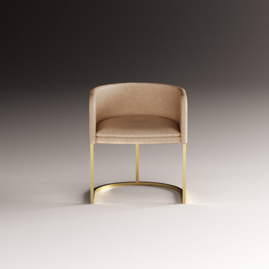 Modern Leather Tub Style Dining Chair The Modern Leather Tub Style Dining Chair features a curved, textured beige leather backrest and seat, supported by slim gold metal legs with a rounded base, shown against a smooth gradient background.