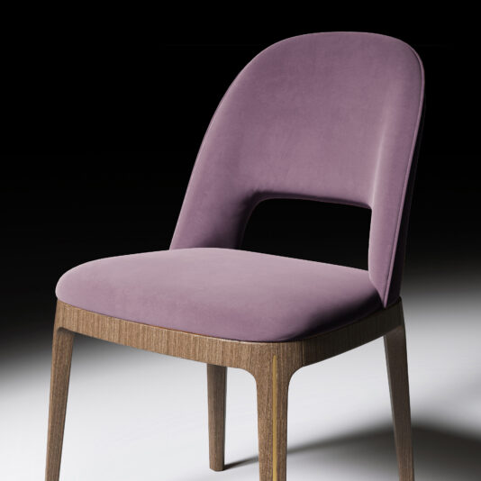 The Modern Minimalist Dining Chair features a soft mauve velvet seat and backrest with a stylish cut-out, complemented by sleek light wood legs. Its elegant design stands out against a dark-to-light gradient background.