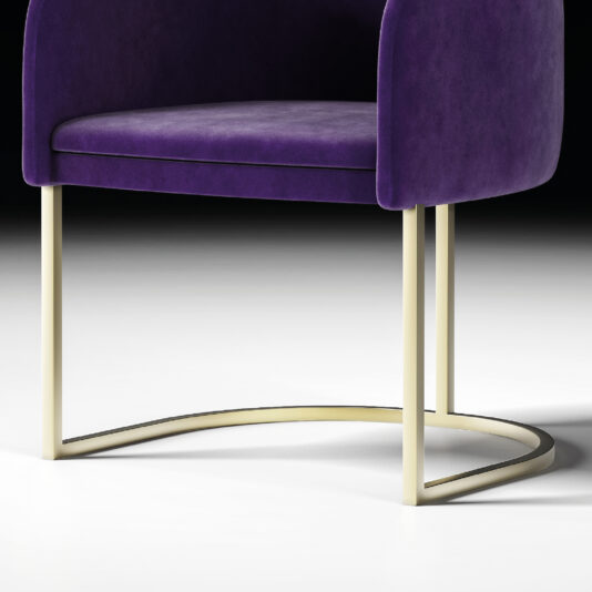 The Modern Tub Style Dining Chair features a curved gold metal base and purple upholstered seat and backrest, displayed against a neutral background.