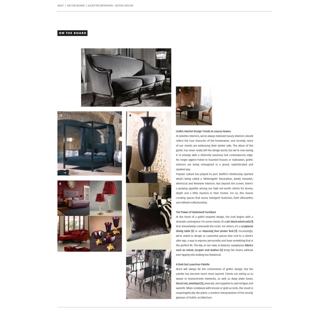 A collage of luxurious gothic-style home interiors features a black leather settee, decorative lighting, ornate black vase, fancy canopy bed, velvet cushions, and elegant dining settings arranged around an article on gothic design trends.