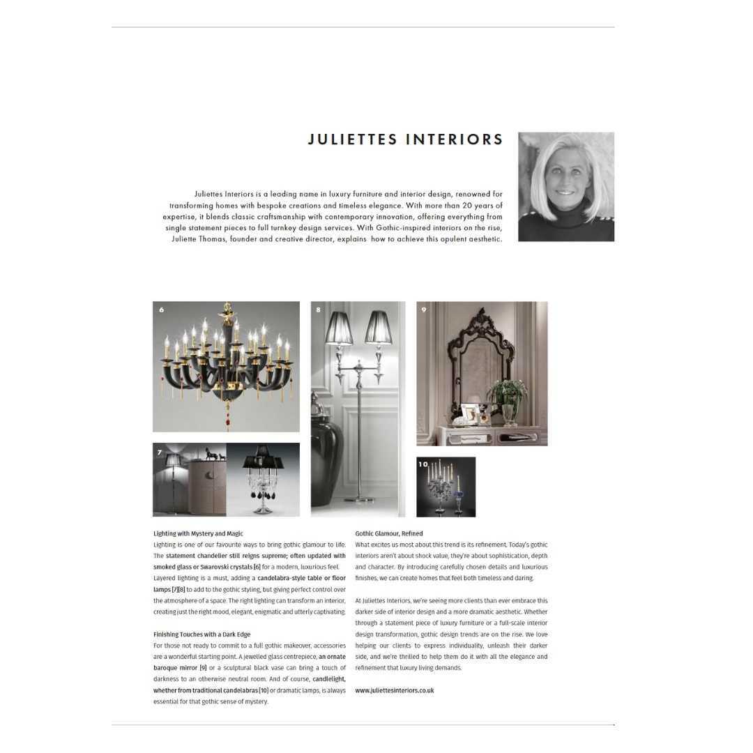 A magazine page about Juliettes Interiors features a black-and-white portrait of a woman, a description of the brand, and images of elegant decorative lighting, mirrors, lamps, and candleholders with captions and details.