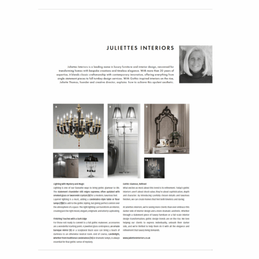 A magazine page features Juliette’s Interiors with a black-and-white portrait of a woman at the top right. The page includes elegant lighting, mirrors, and décor photos, plus descriptive text about the luxury design brand.