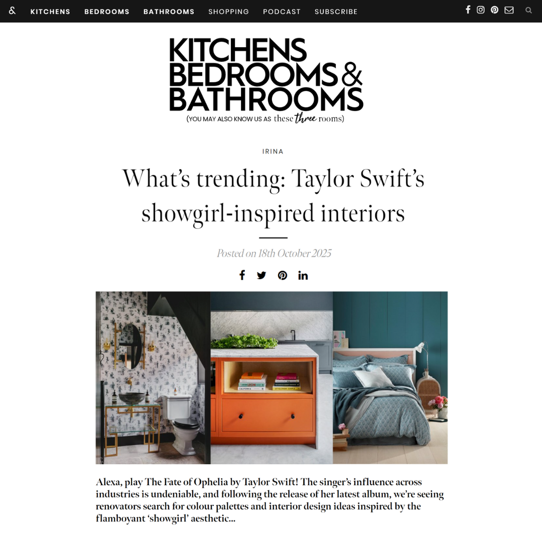 A webpage titled “Kitchens Bedrooms & Bathrooms” features an article on Taylor Swift’s showgirl-inspired interiors, with images of eclectic, colourful home décor including floral wallpaper, bold furniture, and stylish accessories.