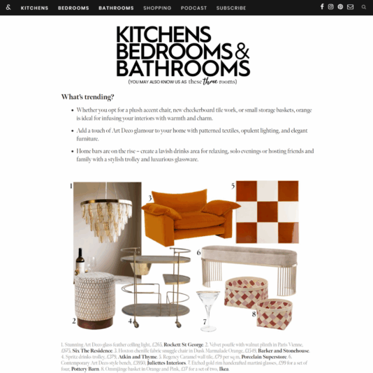 A collage of home decor items, including a modern chandelier, burnt orange velvet armchair, chequerboard rug, gold drinks trolley, brass table lamp, and two geometric pouffes, arranged on a white background.