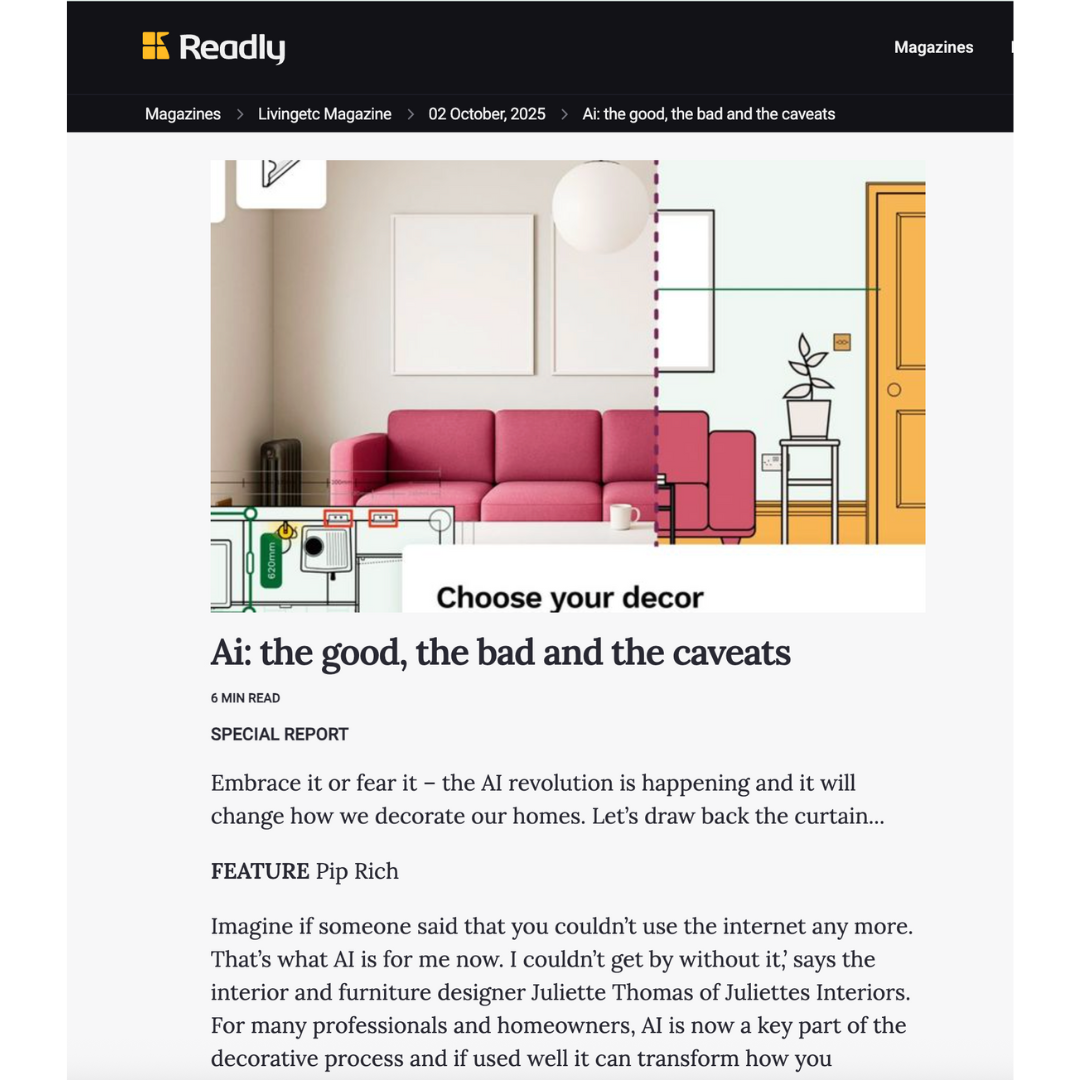 A digital magazine page shows an article titled "Ai: the good, the bad and the caveats." Above the title is an illustration of a modern living room with a pink sofa, floor lamp, plant, and geometric decor elements.