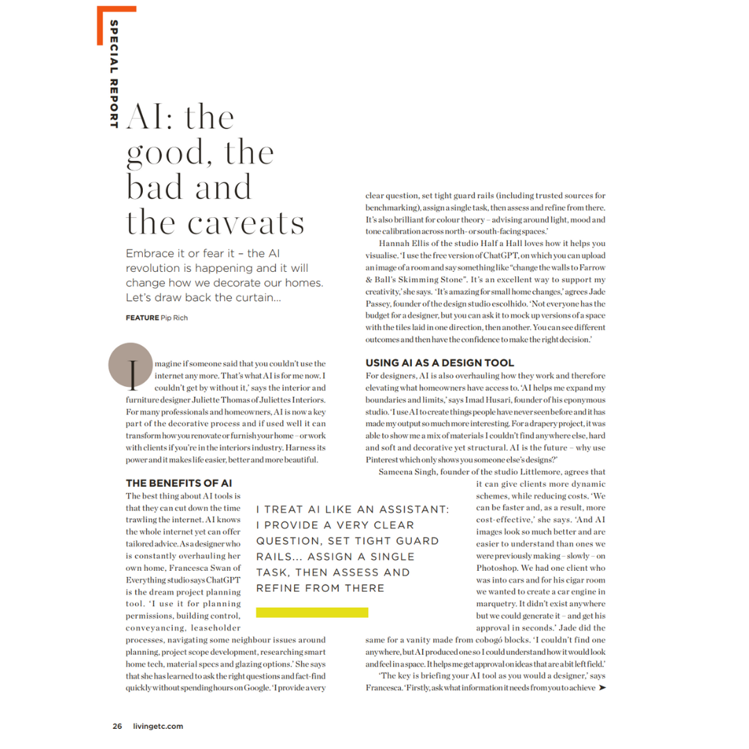 A magazine page in Living Etc titled "AI: the good, the bad and the caveats" features an article discussing artificial intelligence’s benefits, challenges, and design use. The layout includes highlighted quotes and a vertical orange sidebar labelled "Special Report.