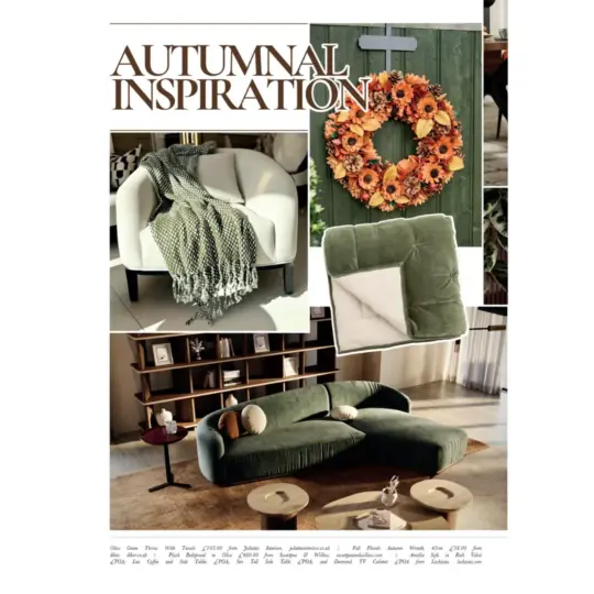 A collage titled "Autumnal Inspiration" features cosy green and cream furniture from Your Mayfair, a sunflower wreath, a knitted blanket draped on a white chair, a green velvet cushion, and a modern living room with curved seating.